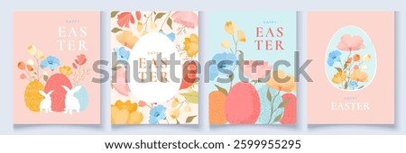 Set of  Easter greeting cards with a cheerful and modern design. Featuring pastel hues, eggs, a bunny, and spring flowers. Perfect for postcards, posters, web banners, and social media.