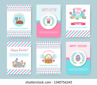 Set of Easter greeting cards. Cute Happy Easter templates with eggs, flowers, willow, rabbit and typographic design. Good for spring and Easter greeting cards and invitations. 