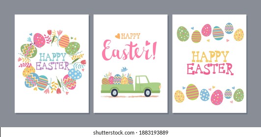 Set of Easter greeting cards with cute pickup truck and big colorful traditional eggs