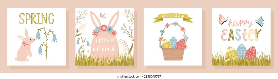 A set of Easter greeting cards in a cute cartoon style with handwritten inscriptions. Hand lettering, flowers, eggs, bunnies, basket with decorated eggs, grass. Square vector illustrations on white