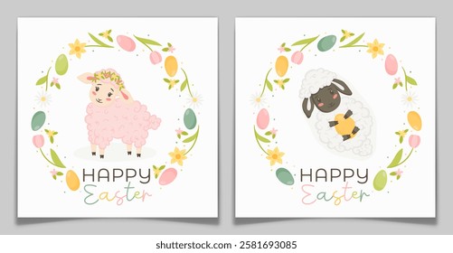 Set of Easter greeting cards. Cute lambs with white and pink wool inside wreath with colorful eggs and spring flowers. Holiday postcards with hand drawn farm sheep animals. Flat vector illustration.