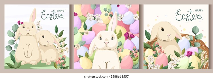 A set of Easter greeting cards with cute bunnies and eggs. Vector illustration.

