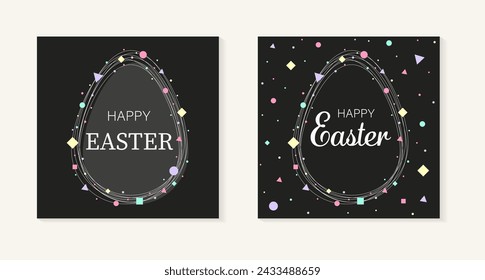 A set of Easter greeting cards with eggs. Abstract background with geometric shapes. Vector illustration