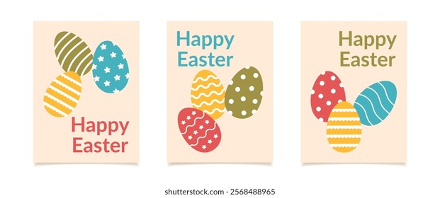 Set of Easter greeting cards with eggs. Vector flat style posters.