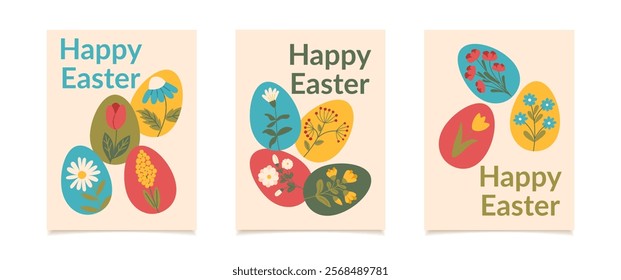 Set of Easter greeting cards with eggs decorated with flowers. Vector flat style posters.