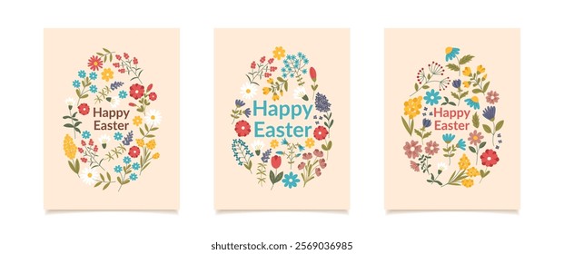 Set of Easter greeting cards. Easter eggs made of flowers. Vector poster in flat style.