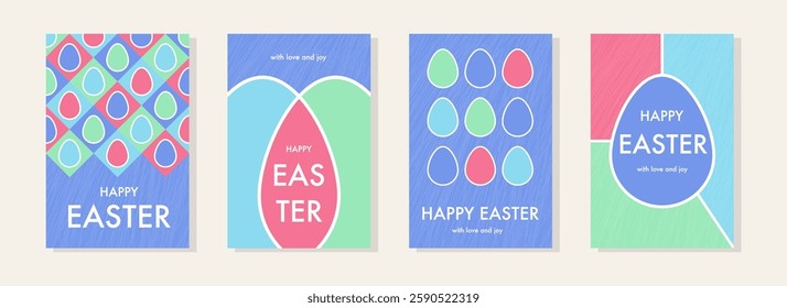 A set of Easter greeting cards with eggs. Abstract background with geometric shapes. Vector illustration