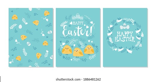 Set of Easter greeting cards with funny chiks and birds in cartoon style and caligraphy