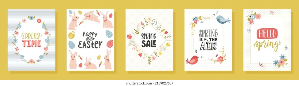 A set of Easter greeting cards with handwritten phrases, Easter bunnies, flowers, birds, floral frame. Happy Easter, hello spring. Vector illustrations in a cute cartoon style on a white background