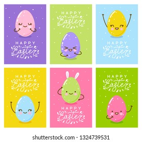 Set of Easter greeting cards with happy eggs