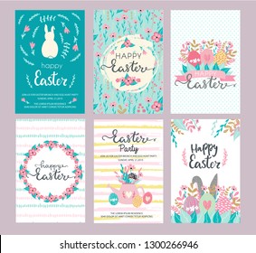 Set of Easter greeting cards and invitation for Easter egg hunt party designs in cute hand drawn style with florals, flowers,eggs, hand painted textures and bunny rabbits