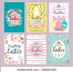 Set of Easter greeting cards and invitation for Easter egg hunt party designs in cute hand drawn style with florals, flowers,eggs, hand painted textures and bunny rabbits