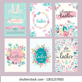 Set of Easter greeting cards and invitation for Easter egg hunt party designs in cute hand drawn style with florals, flowers,eggs, hand painted textures and bunny rabbits