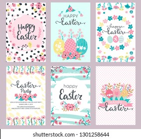 Set of Easter greeting cards and invitation for Easter egg hunt party designs in cute hand drawn style with florals, flowers,eggs, hand painted textures and bunny rabbits