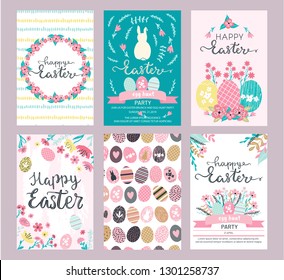 Set of Easter greeting cards and invitation for Easter egg hunt party designs in cute hand drawn style with florals, flowers,eggs, hand painted textures and bunny rabbits