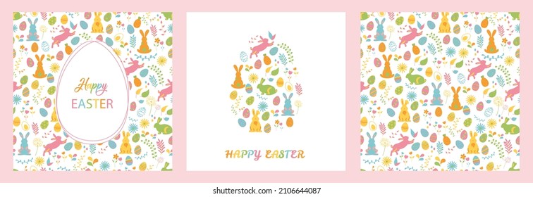 Set of Easter greeting cards and invitation for Easter egg hunt party designs in cute hand drawn style with florals, eggs, hand painted textures and rabbits. Good for poster, flyer, cover, banner