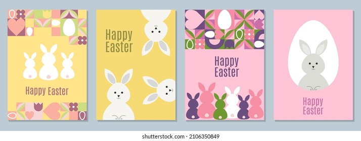 Set of Easter greeting cards. Modern geometric abstract pattern and Easter bunny. Perfect for poster, cover or postcard. 