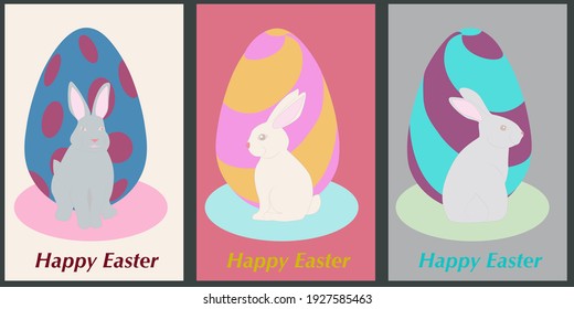 Set of Easter greeting cards and party invitation for Easter egg hunt in cute hand drawn style with eggs and bunnies.Easter posters or flyers.Vector illustration. 