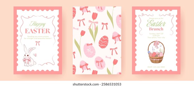 Set of Easter greeting cards with pastel colors and elegant typography. Features a cute bunny, decorated eggs, tulips, ribbon bows and wicker basket. Hand drawn invitation templates, postcard, poster.