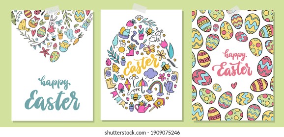 set of easter greeting cards and posters decorated with hand drawn doodles and lettering quotes. Good for invitations, prints, templates, etc. EPS 10