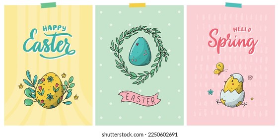 Set of Easter greeting cards, posters, prints, banners, invitations, templates decorated with doodles and lettering quotes. EPS 10