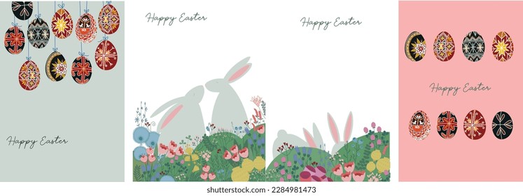 Juego de tarjetas de felicitación de Pascua o afiches. Feliz Pascua. Afiches con conejito, flores de primavera y huevos de colores. Ilustración vectorial dibujada a mano. Fundas de vacaciones, afiches, carteles, tarjeta de saludo. 