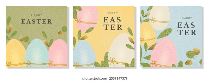 A set of Easter greeting cards, posters, and covers. Pastel colors: pink, blue, beige, yellow, green. Festive eggs decorated with ribbons, flowers. Spring vector illustration.