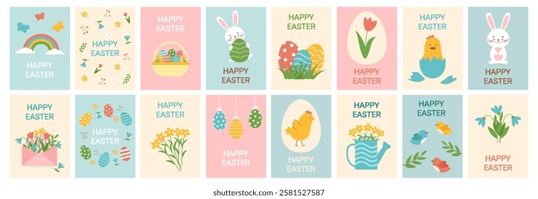 Set of Easter greeting cards. Easter posters with Easter elements. Vector hand drawn cute illustrations.