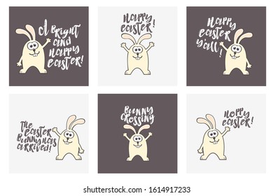 Set of Easter greeting cards with rabbit and text. Inscriptions - A bright and happy Easter. Happy Easter you all. The Easter bunny has arrived. Bunny crossing. 