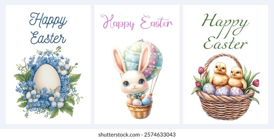 Set of Easter greeting cards. Rabbit on a balloon, Easter egg with flowers and goslings. Cute Easter cards. Vector illustration. Cartoon Easter greeting cards.