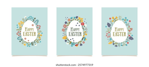 Set of Easter greeting cards. Shape of Easter egg and flowers around. Vector hand drawn posters in flat style.