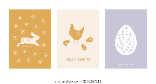 Set of Easter greeting cards with traditional elements. Cute spring poster with bunnies, eggs, chickens and floral elements. Trendy vector prints for spring design and Easter holidays