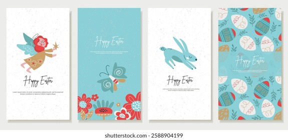 Set of Easter greeting cards. Vertical banners featuring Easter eggs, bunny, and angel in a natural rustic style. Flat vector illustration, perfect for holiday designs,invitations,seasonal decorations