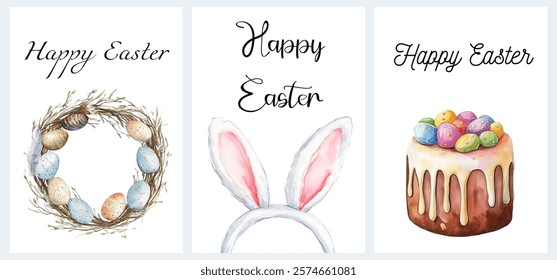 Set of Easter greeting cards. Watercolor Easter cards with white bunny ears, an Easter wreath decorated with eggs and a  cupcake. Easter symbols.