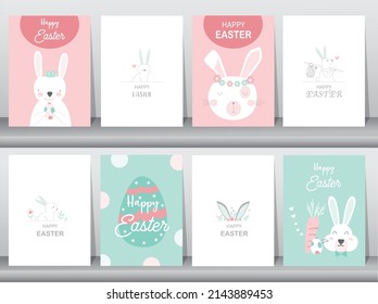 Set of Easter greeting cards,template,rabbits,cute,eggs,Vector illustrations.