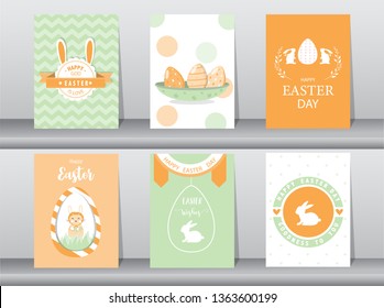 Set of Easter greeting cards,template,rabbits,eggs,cute,Vector illustrations 