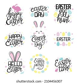 Set Easter greeting cars with spring flowers and calligraphy text. Hand drawn vector illustration.