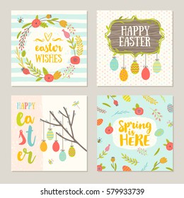 Set of Easter greeting with flowers and eggs. Vector illustration.