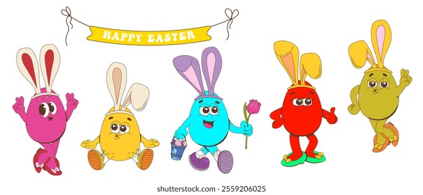 Set of easter groovy element vector.A collection of Easter funny character eggs. Colorful Easter eggs.