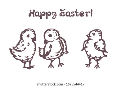 Set of Easter hand drawn chickens with handwritten text. Inscription - Happy Easter. Suitable for print and web