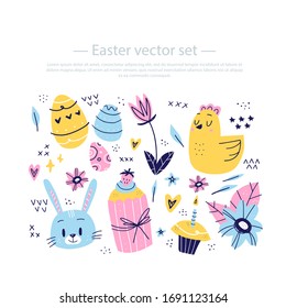 Set of Easter hand drawn design elements. Eggs, chicken, rabbit, tulips, flowers, chicken  narcissus. Perfect for holiday decoration and spring greeting cards. Scandinavian style