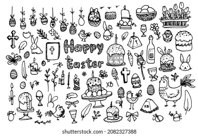 Set for Easter. Hand-drawn collection for the spring Easter holiday, in doodle style, cakes, eggs and chicken, bow, rabbit, wine and flowers isolated black outline on white for the holiday template