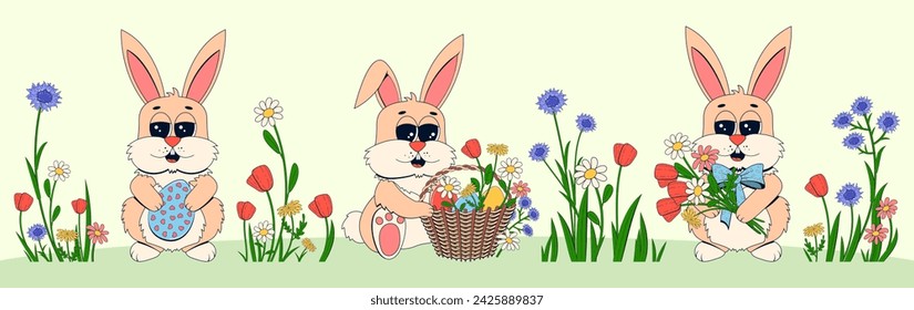 Conjunto de conejitos de vacaciones de Pascua en estilo de dibujos animados retro. Ilustración vectorial de personajes de conejo con una cesta de arado, un ramo de flores y un huevo pintado sentado en un césped de flores.