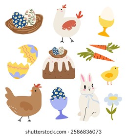 Set of Easter holiday cartoon vector elements. White bunny, rabbit, easter cake, chiken, eggs, traditional food, spring flowers. Stickers for holiday decoration and spring greeting cards