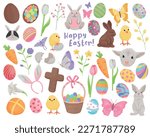 Set of Easter holiday celebration themed vector illustrations. Colorful, cartoon style, hand drawn elements isolated on a white background.