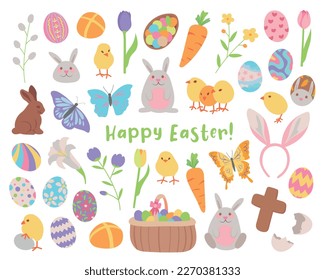 Set of Easter holiday celebration themed vector illustrations. Colorful, cartoon style, hand drawn elements isolated on a white background.