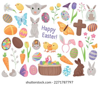 Set of Easter holiday celebration themed vector illustrations. Colorful, cartoon style, hand drawn elements isolated on a white background.