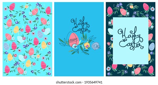 Set of Easter holiday designs, greeting cards, patterns, with hand lettering, flowers and eggs