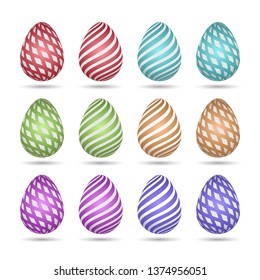 Set of Easter holiday eggs. Colorful with white patterns, stripes and shadow. Vector elements on an isolated background.
