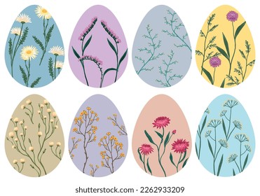 Set of Easter holiday eggs decorated of flowers. Hand drawn vector illustration isolated on white. Gentle clip arts collection..